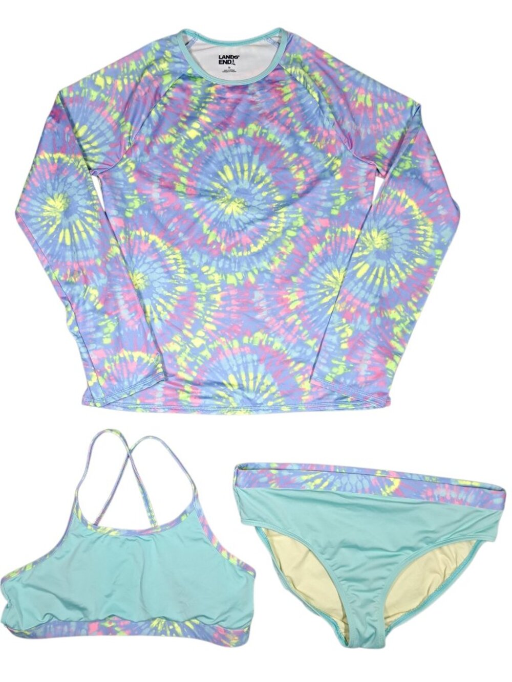Lands End Girls Swimsuit Bikini Rash Guard Long Sleeve 16 XL Tie Dye Purple Set